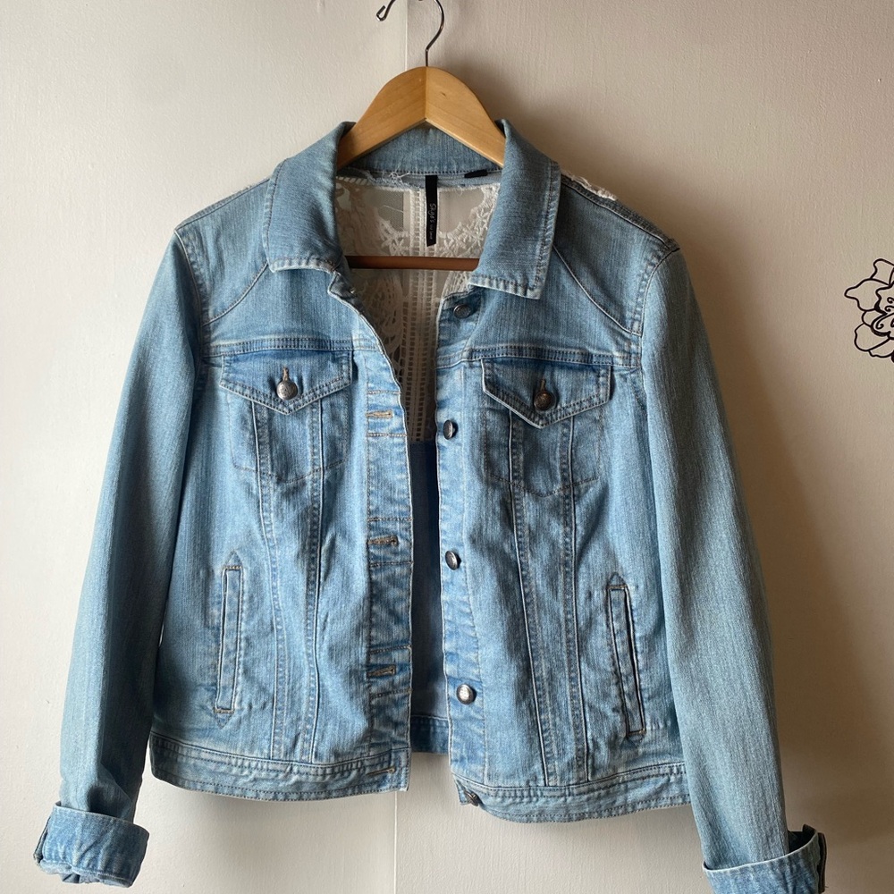 Skyes The Limit Denim Jean Lace Jacket Damage Womens Medium Coat